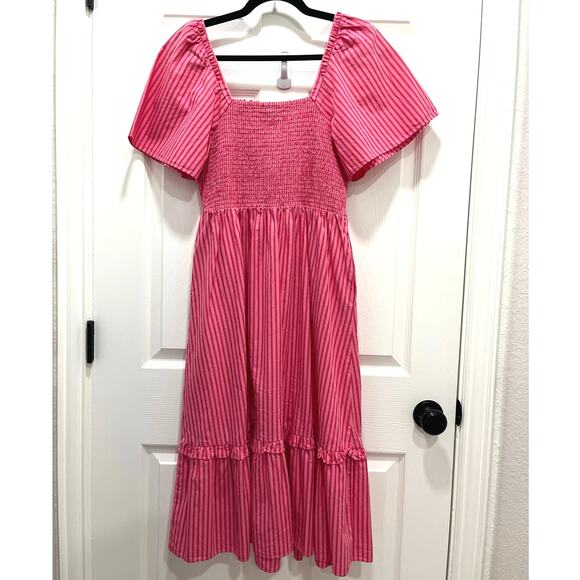 Draper James Deana Smocked Stripe Poplin Midi Dress Medium Pink Modest Milkmaid - Picture 9 of 13